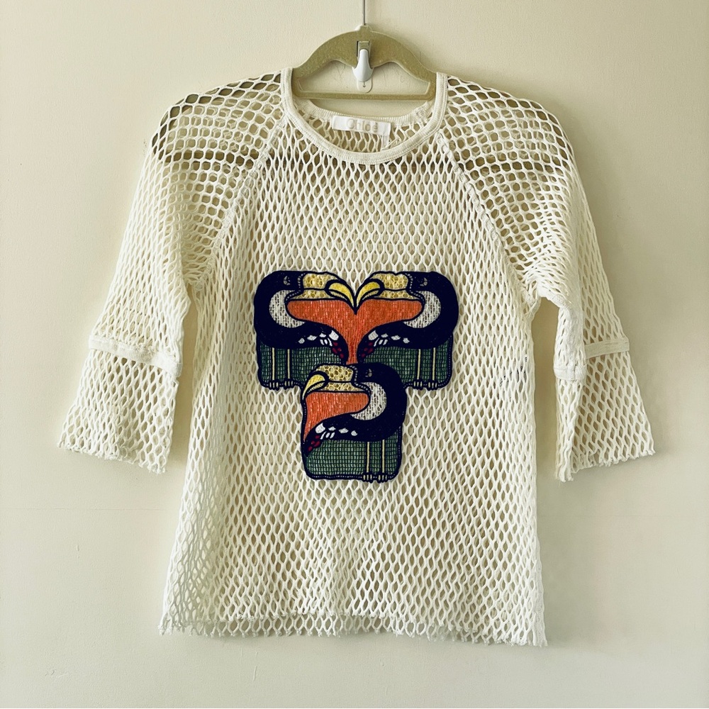 Chloé Cotton Mesh Pullover Stylist Editorial Crochet Fishnet abstract art toucan